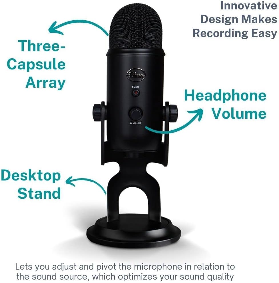 Blue Yeti Microphone (Blackout) with Knox Boom Arm Stand, Pop Filter and Shock Mount Bundle, USB