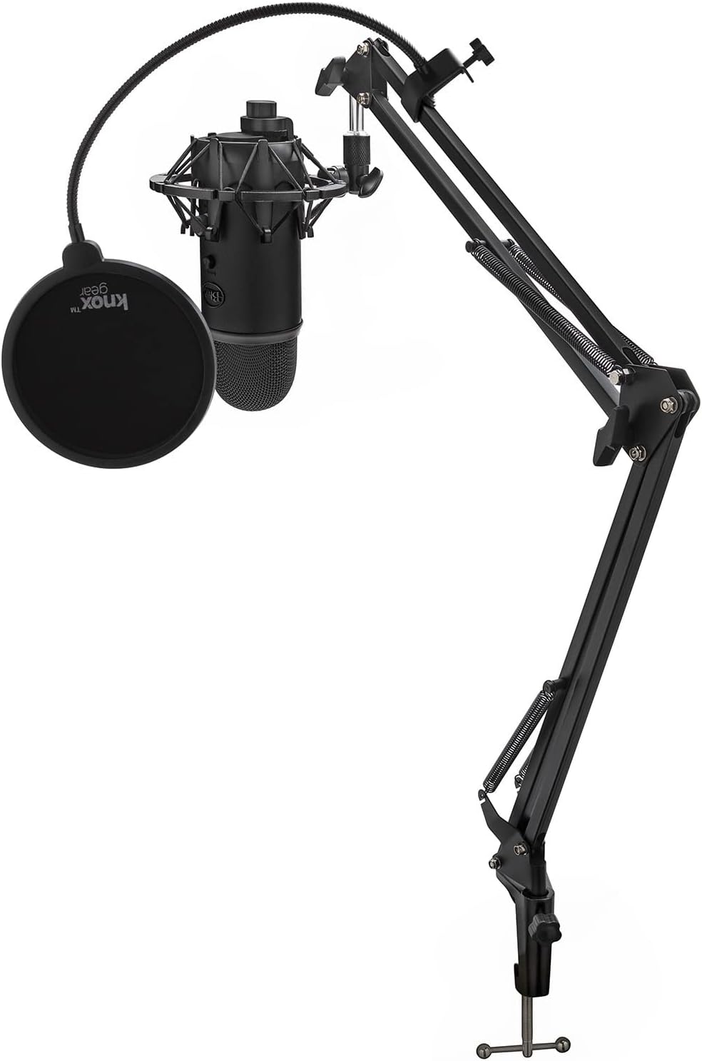 Blue Yeti Microphone (Blackout) with Knox Boom Arm Stand, Pop Filter and Shock Mount Bundle, USB