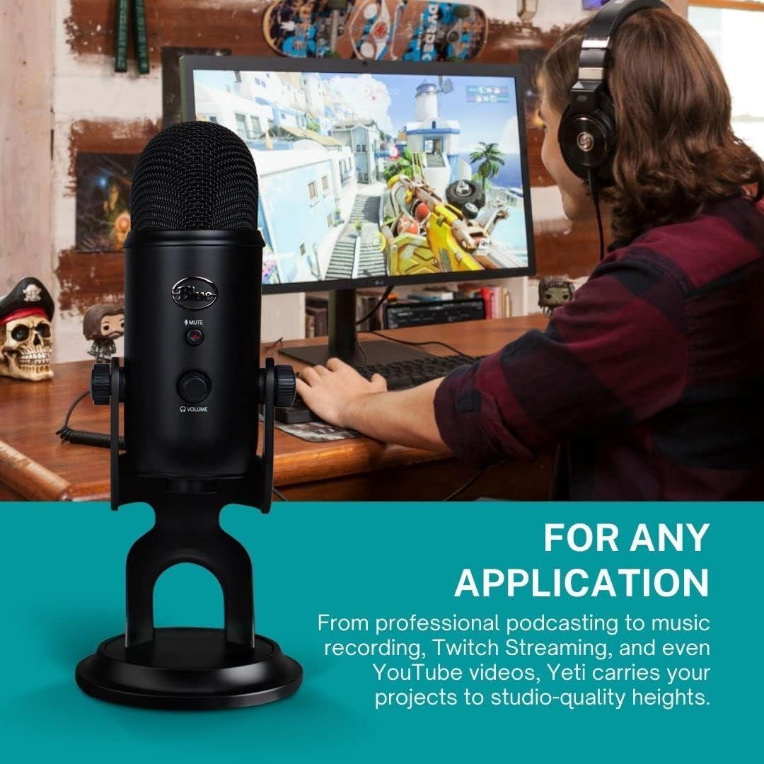 Blue Yeti Microphone (Blackout) with Knox Boom Arm Stand, Pop Filter and Shock Mount Bundle, USB