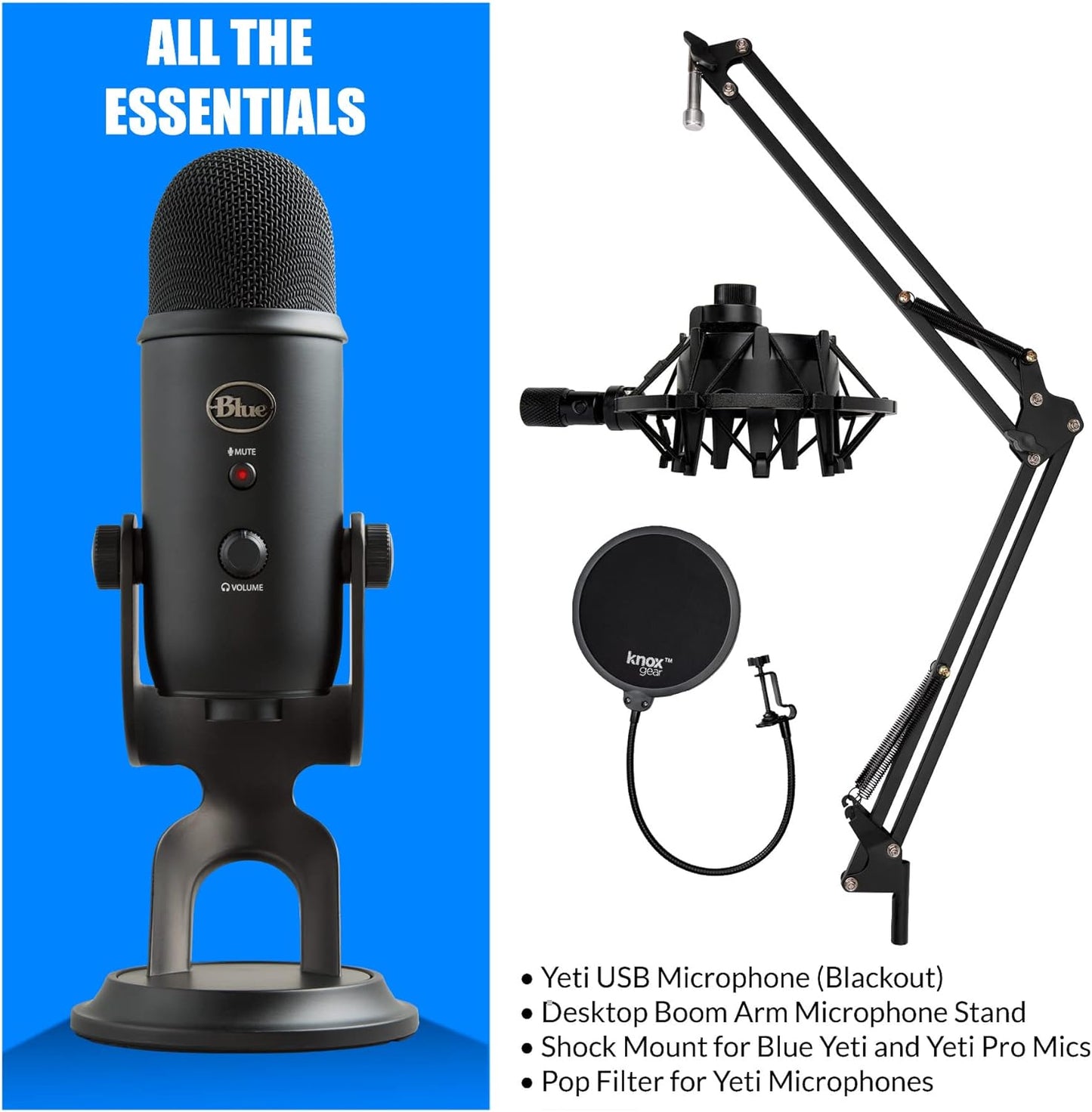 Blue Yeti Microphone (Blackout) with Knox Boom Arm Stand, Pop Filter and Shock Mount Bundle, USB