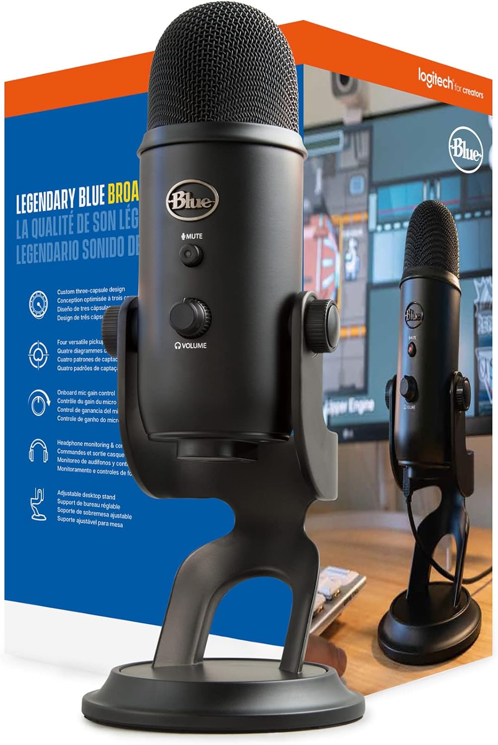 Blue Yeti Microphone (Blackout) with Knox Boom Arm Stand, Pop Filter and Shock Mount Bundle, USB