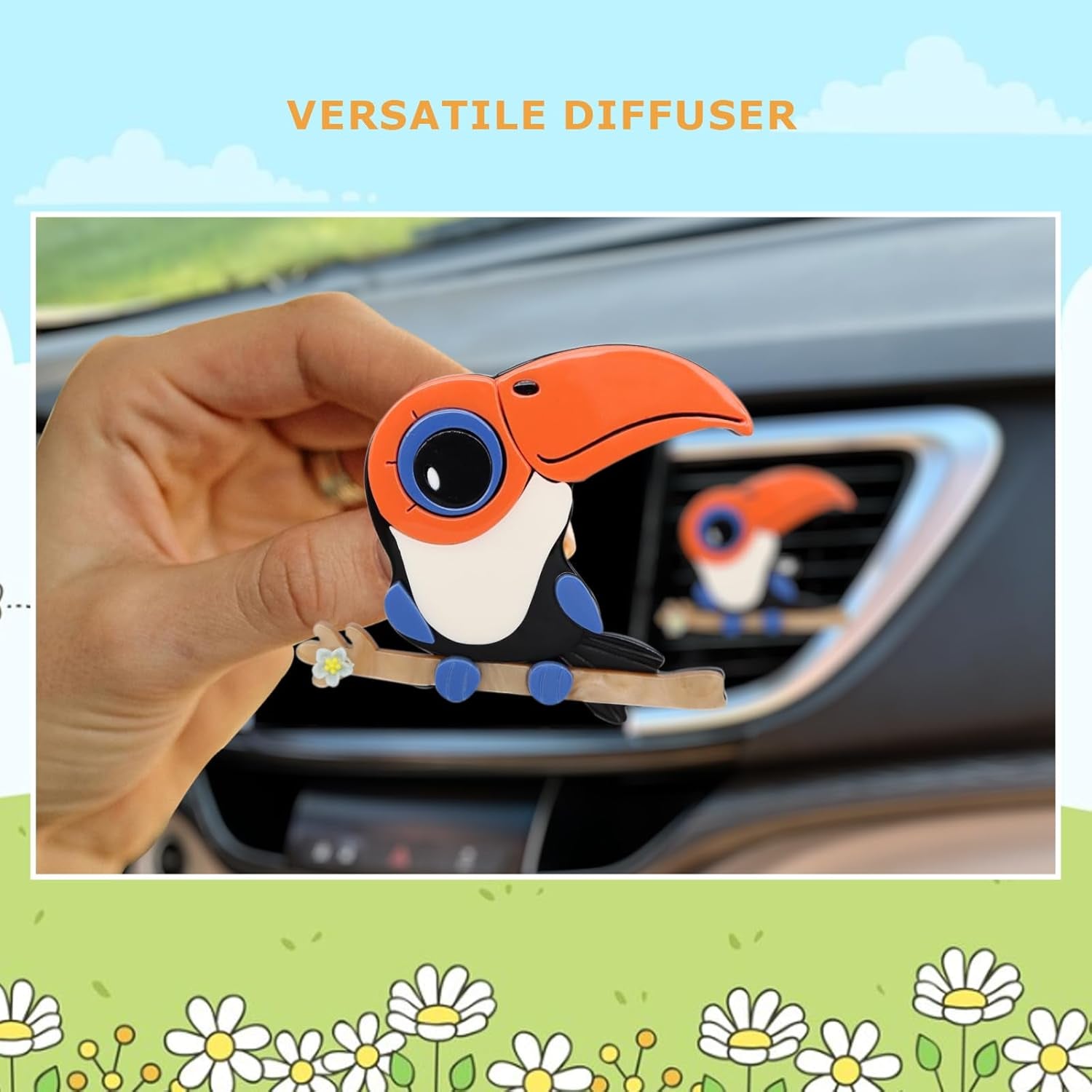 Toucan Car Air Fresehner Vent Clip Bird Car Essential Oil Diffuser Cute 3D Acrylic Cartoon Parrot Refillable Car Air Vent Clips Cute Girly Car Accessories for Women Teens