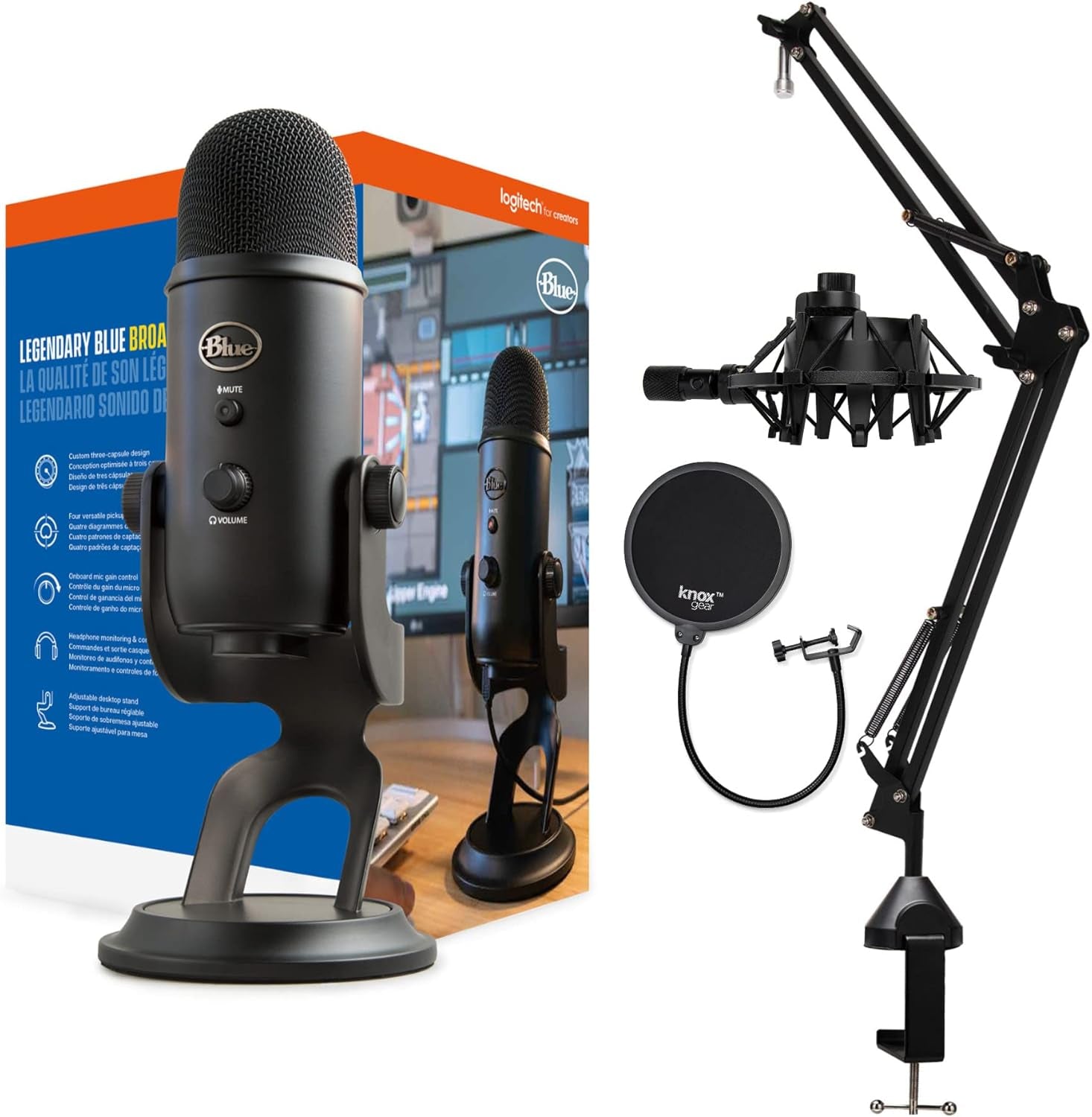 Blue Yeti Microphone (Blackout) with Knox Boom Arm Stand, Pop Filter and Shock Mount Bundle, USB